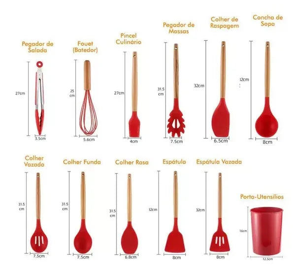 Kit de Colheres de Silicone para Cozinha, Livre de BPA, Antiferrugem, Conjunto com 12 Peças