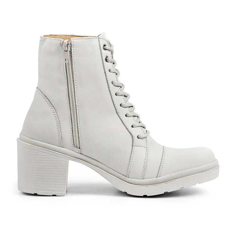 Bota Feminina Coturno Branco Off White Couro Legítimo Salto Bloco De Amarrar Cano Curto Forro de Couro