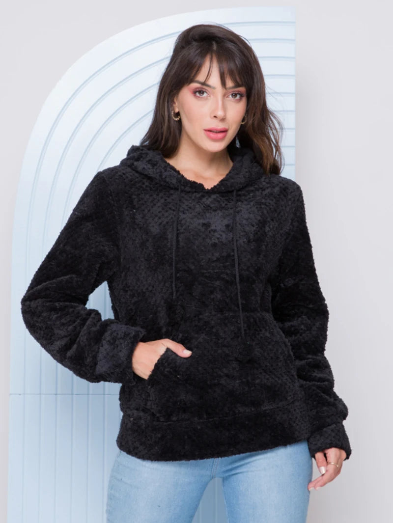 Moletom Feminino de Pelúcia Lisa Fashion com Capuz - Ideal para Inverno e Outono