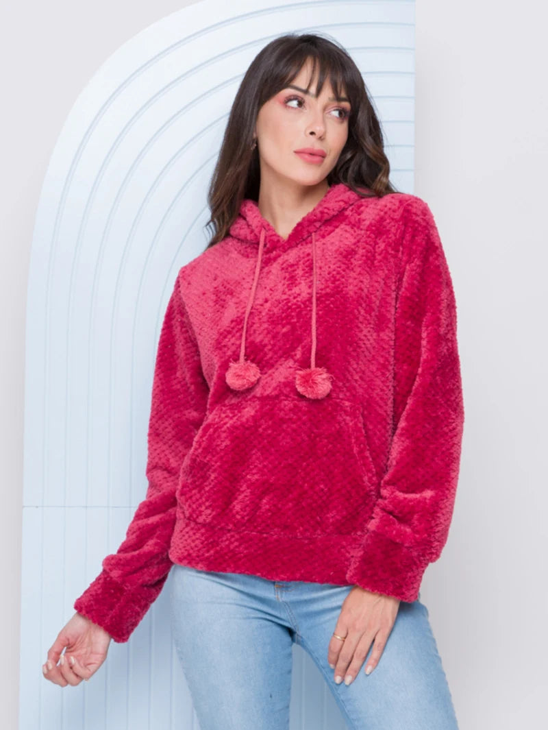 Moletom Feminino de Pelúcia Lisa Fashion com Capuz - Ideal para Inverno e Outono