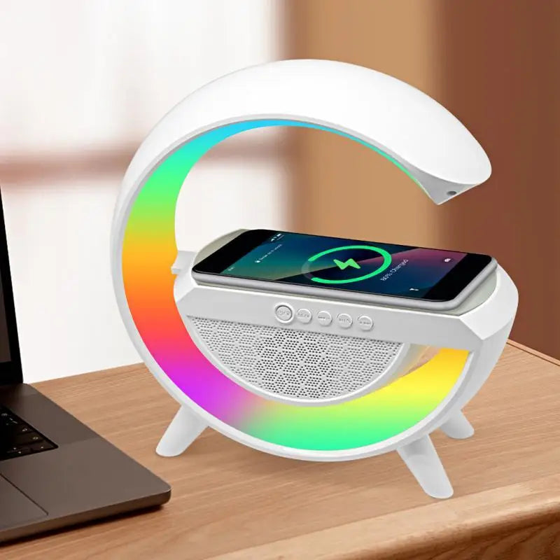 Caixa de som G-Speaker com Carregador sem fio Bluetooth e Candeeiro de mesa LED RGB para Atmosfera