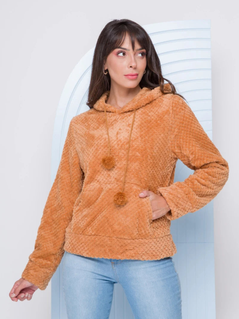 Moletom Feminino de Pelúcia Lisa Fashion com Capuz - Ideal para Inverno e Outono