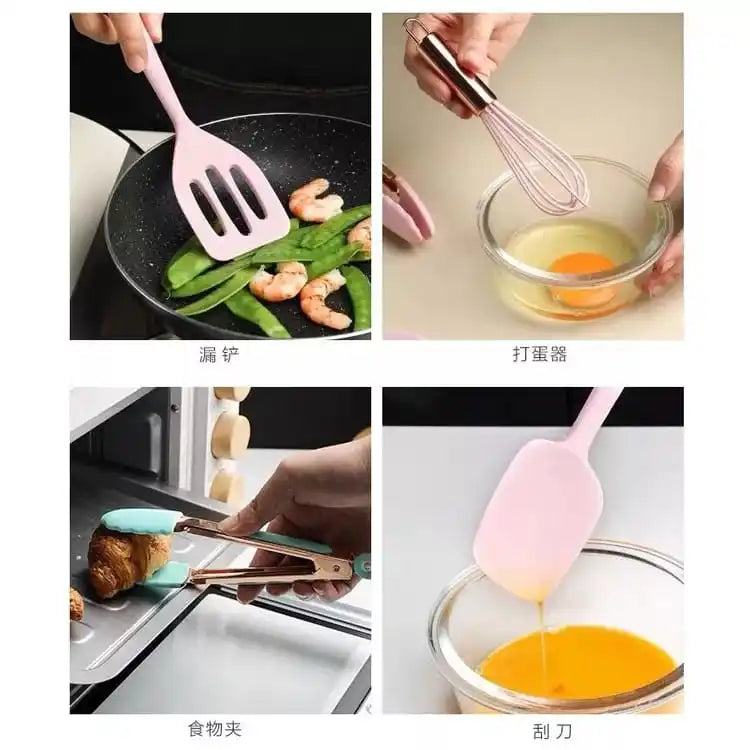 Jogo de 5 colheres de silicone cabo inox utensílios cozinha