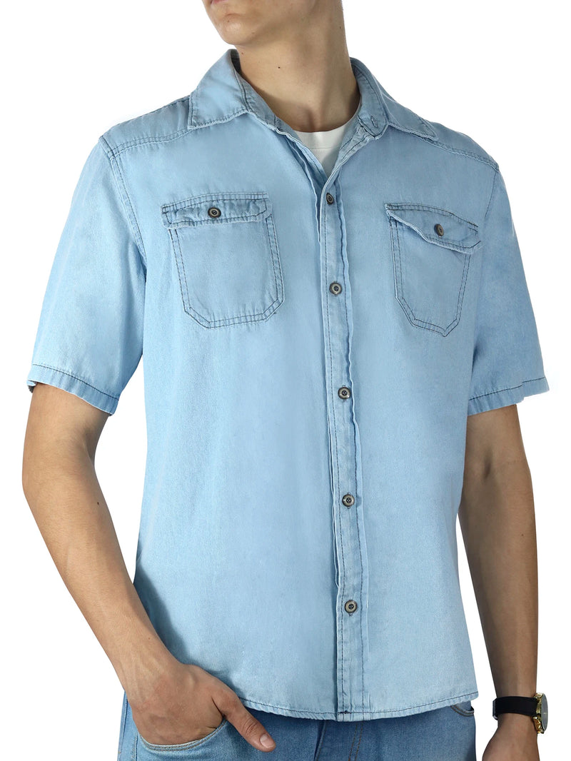 Camisa Jeans Manga Curta com Bolsos - Ideal para Primavera e Verão, Entrega Rápida em Todo o Brasil.