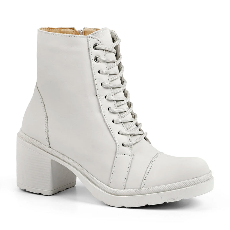 Bota Feminina Coturno Branco Off White Couro Legítimo Salto Bloco De Amarrar Cano Curto Forro de Couro