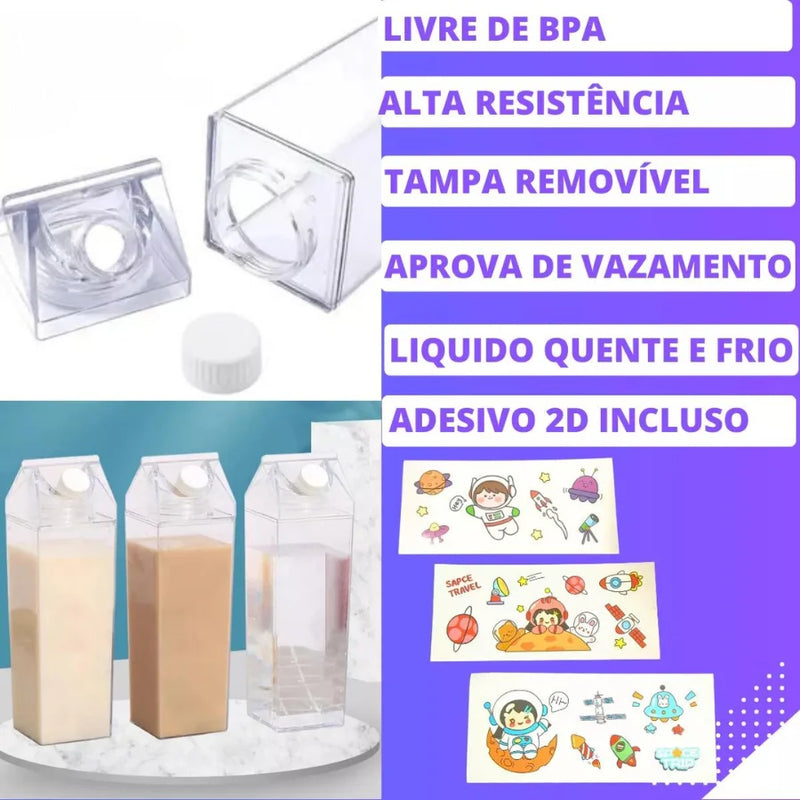 Garrafa portátil de leite em forma de caixa: prática e transparente, disponível em 500ml/1000ml para envio imediato em todo o Brasil.