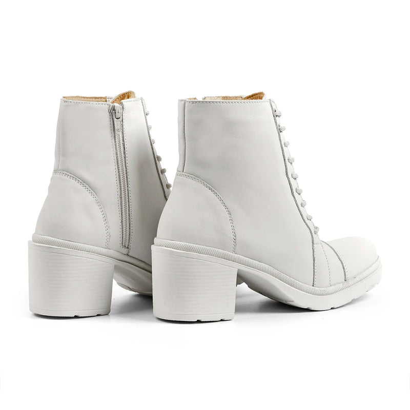 Bota Feminina Coturno Branco Off White Couro Legítimo Salto Bloco De Amarrar Cano Curto Forro de Couro