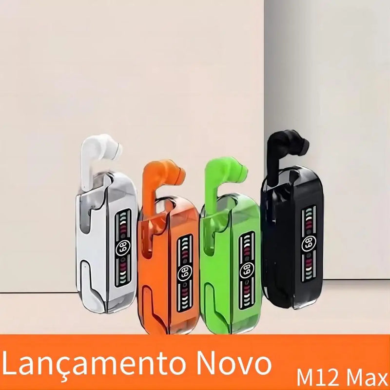 Fone de Ouvido Bluetooth TWS M12 MAX com Display LED Colorido