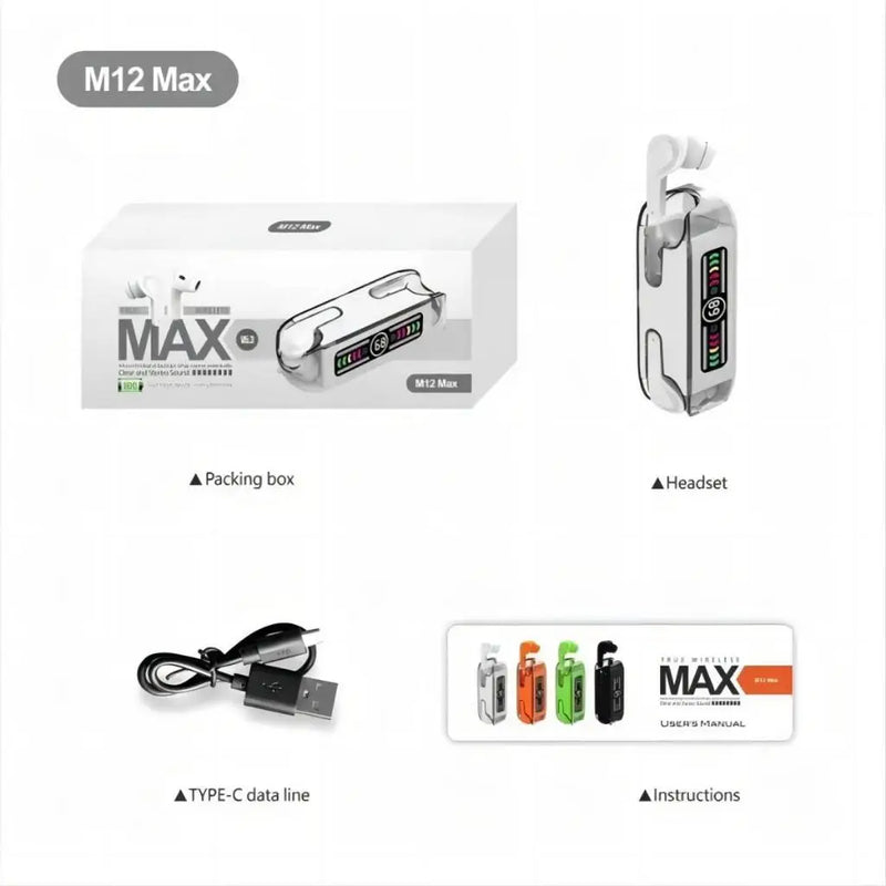 Fone de Ouvido Bluetooth TWS M12 MAX com Display LED Colorido