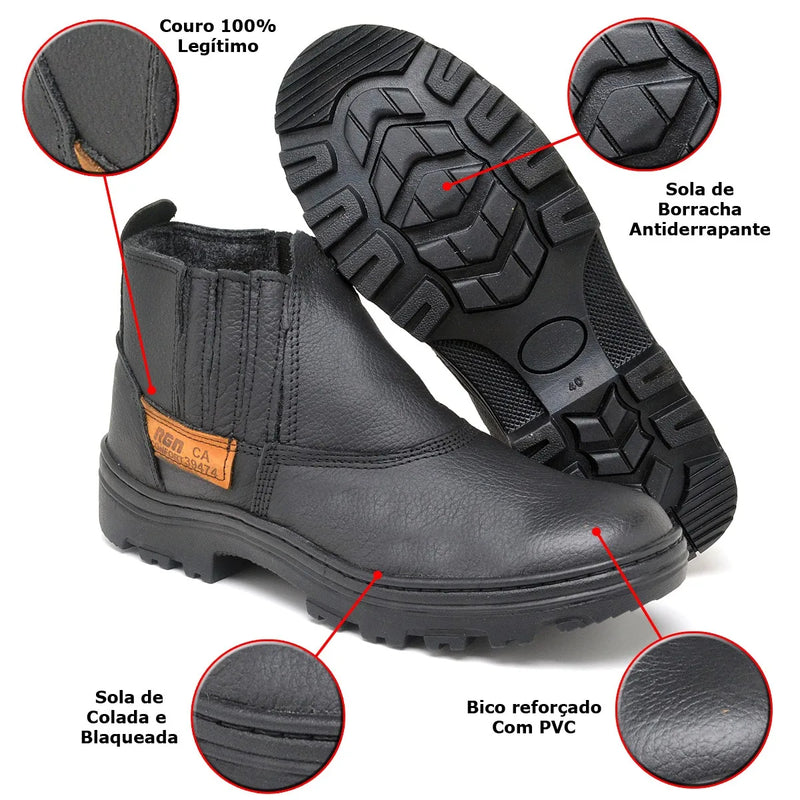 Bota de couro masculina, segurança do trabalho, PVC costurado, legítimo