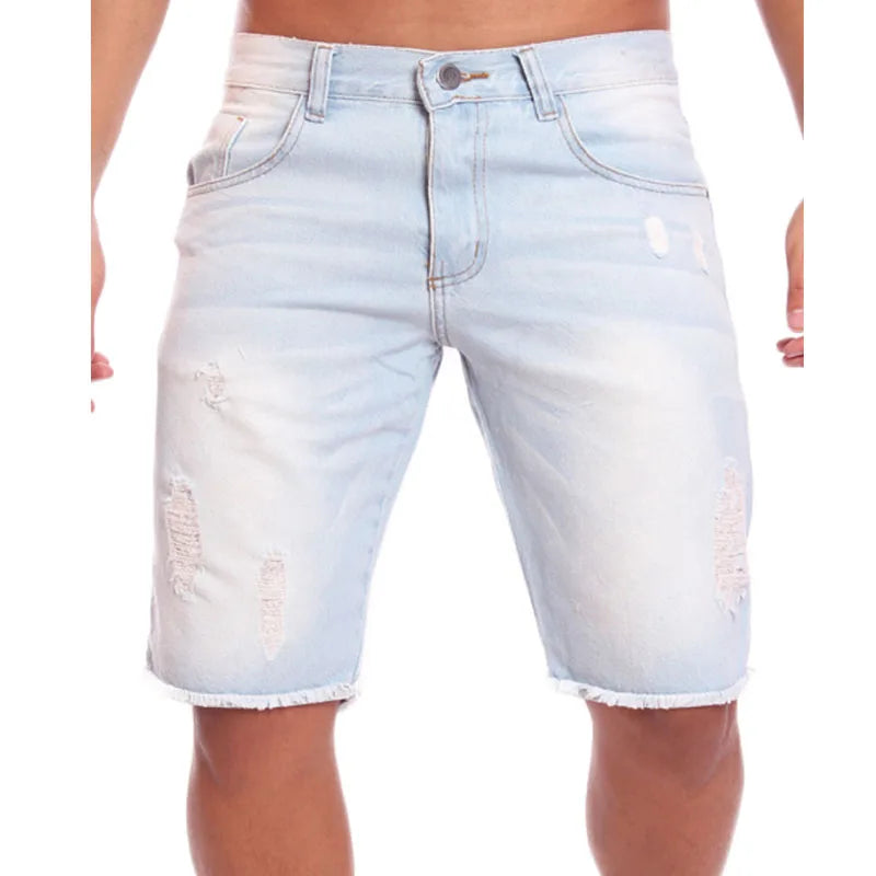 Bermuda masculina jeans clara rasgada sem lycra com barra desfiada Ref: 010