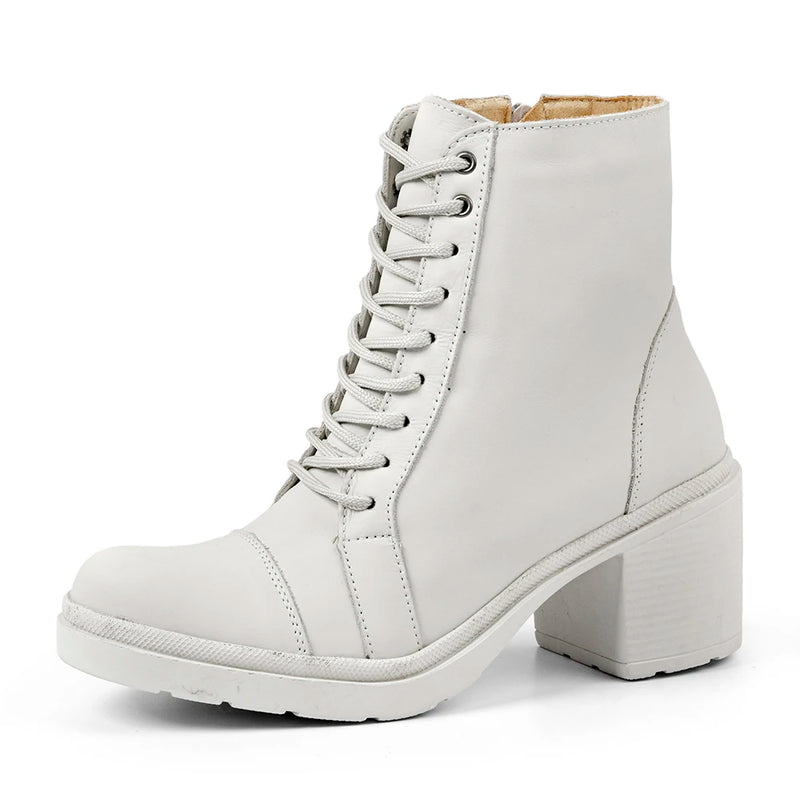 Bota Feminina Coturno Branco Off White Couro Legítimo Salto Bloco De Amarrar Cano Curto Forro de Couro