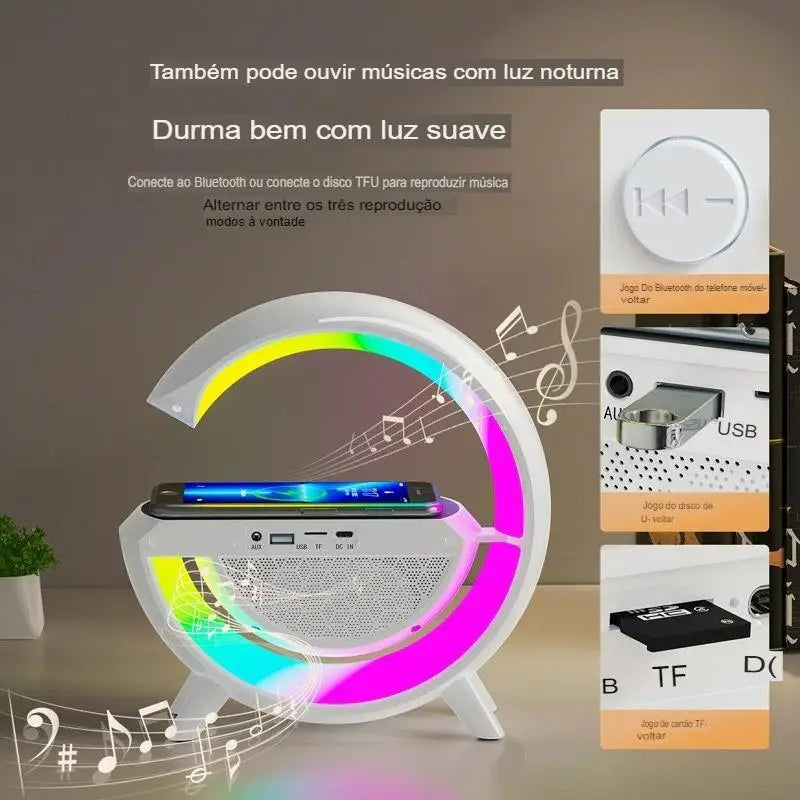 Caixa de som G-Speaker com Carregador sem fio Bluetooth e Candeeiro de mesa LED RGB para Atmosfera