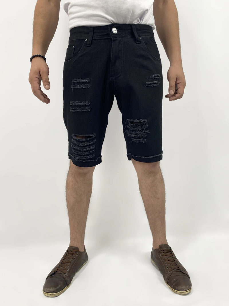 Bermuda Masculina Jeans Preto com Detalhe de Rasgo e Barra Virada