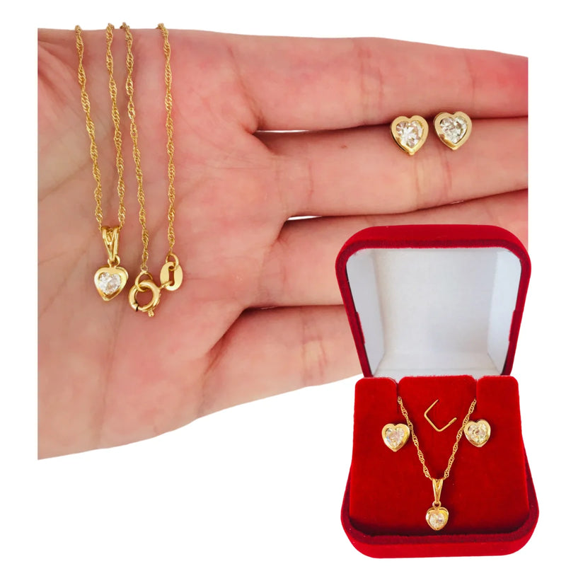 Conjunto Colar Cordão e Brinco Coração Ponto de Luz Zircônia Folheado a Ouro 18 k