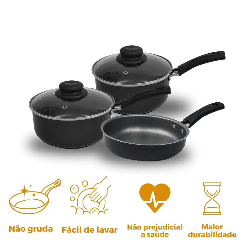 Kit Panelas com Frigideira Premium Antiaderente Colorido 3 Pçs