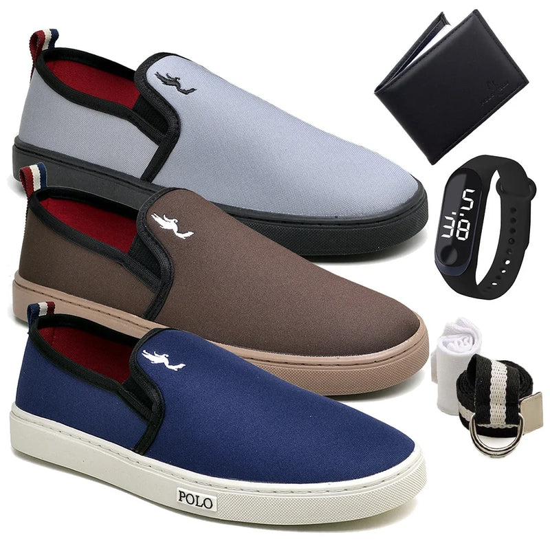 **Kit 3 Pares Tênis Masculino Slip On + Acessórios**