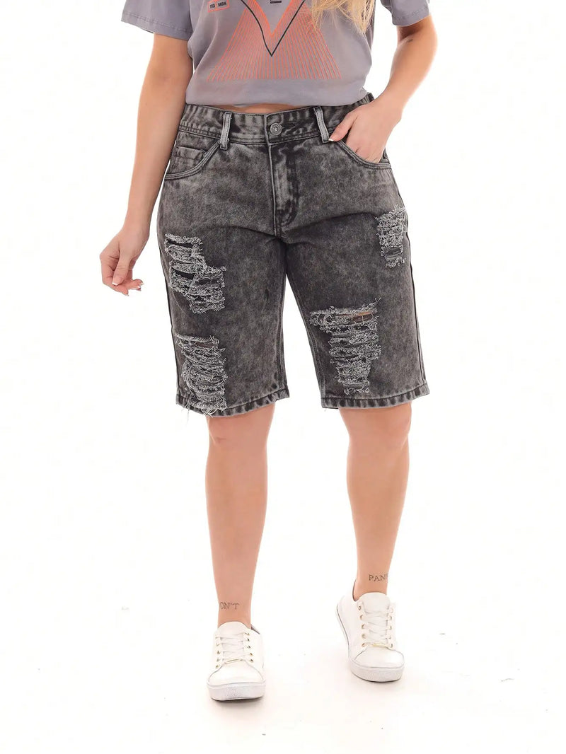 Shorts Feminino Preto Escuro Stoned Jeans com Rasgo