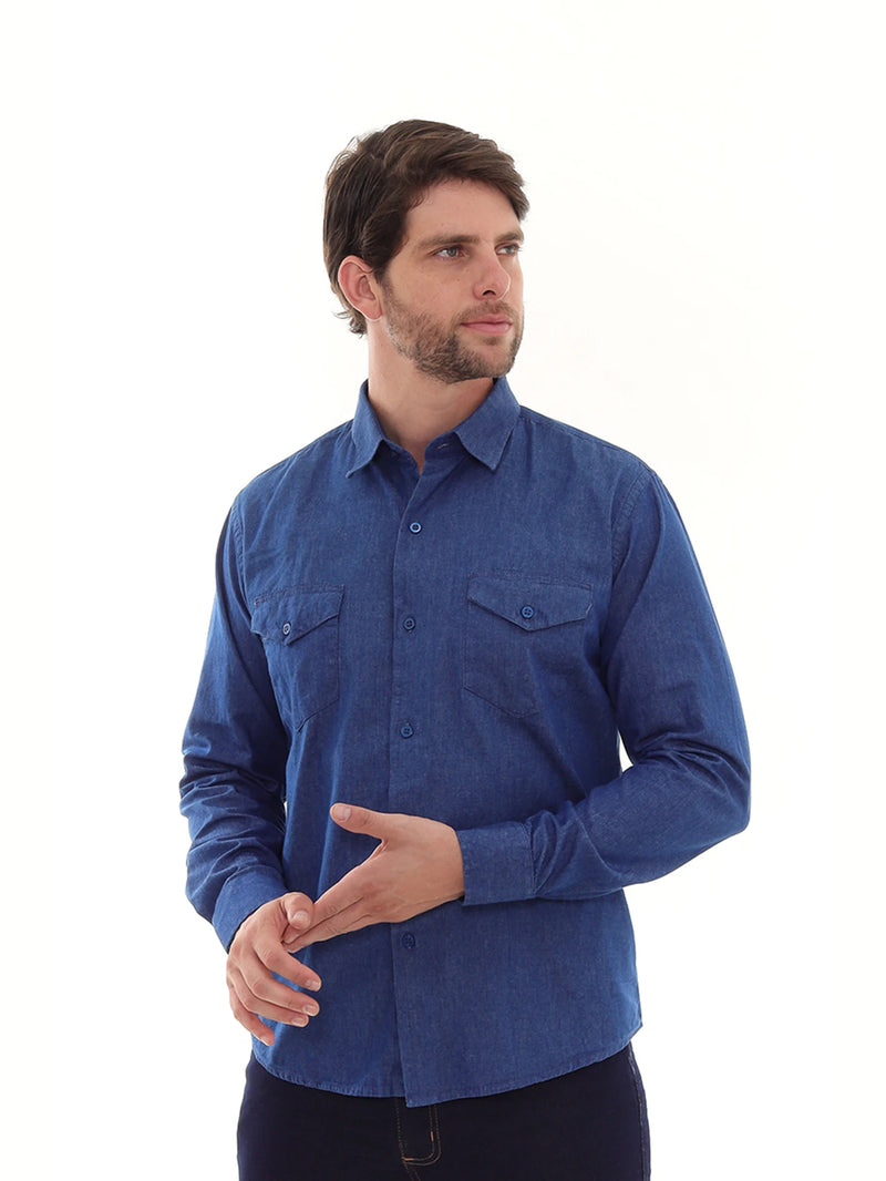 Camisa Masculina Jeans Azul com Manga Longa e Bolsos