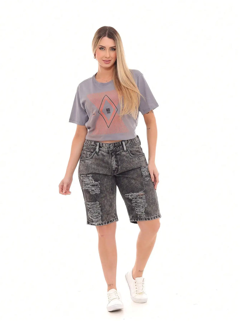 Shorts Feminino Preto Escuro Stoned Jeans com Rasgo