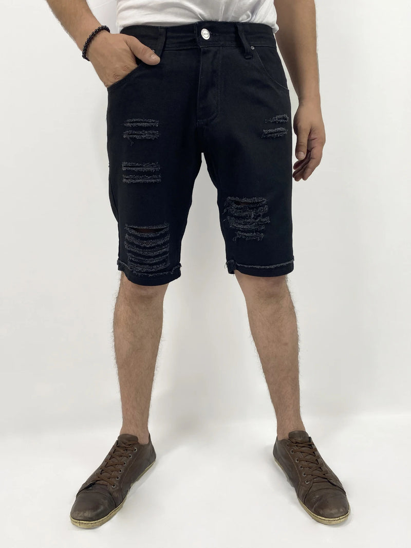 Bermuda Masculina Jeans Preto com Detalhe de Rasgo e Barra Virada