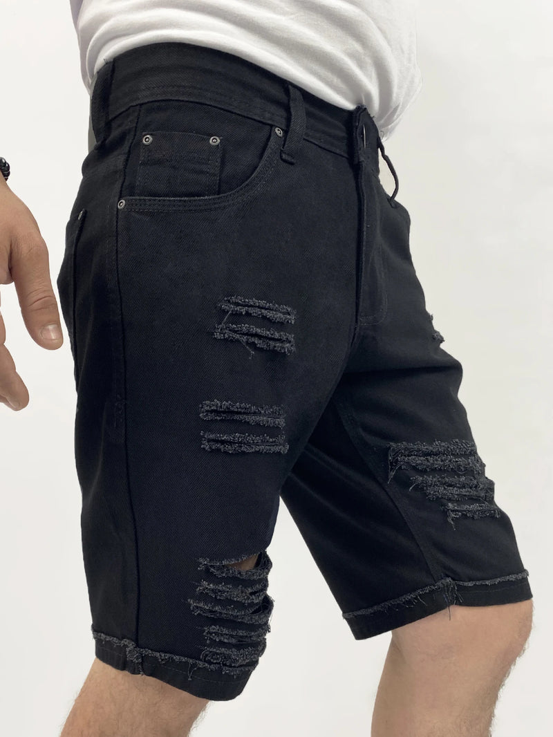 Bermuda Masculina Jeans Preto com Detalhe de Rasgo e Barra Virada