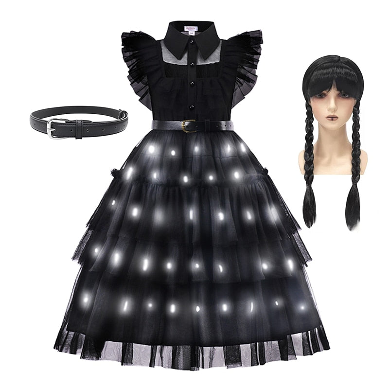 Led light up quarta-feira addams cosplay para menina traje vestidos