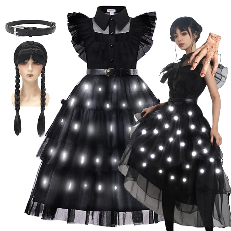 Led light up quarta-feira addams cosplay para menina traje vestidos