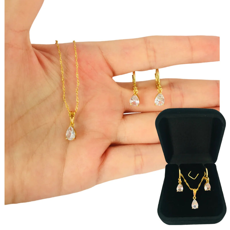 Conjunto Gargantilha e Brinco Ponto de Luz Zircônia Folheado a Ouro 18 k