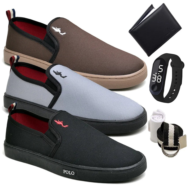 **Kit 3 Pares Tênis Masculino Slip On + Acessórios**