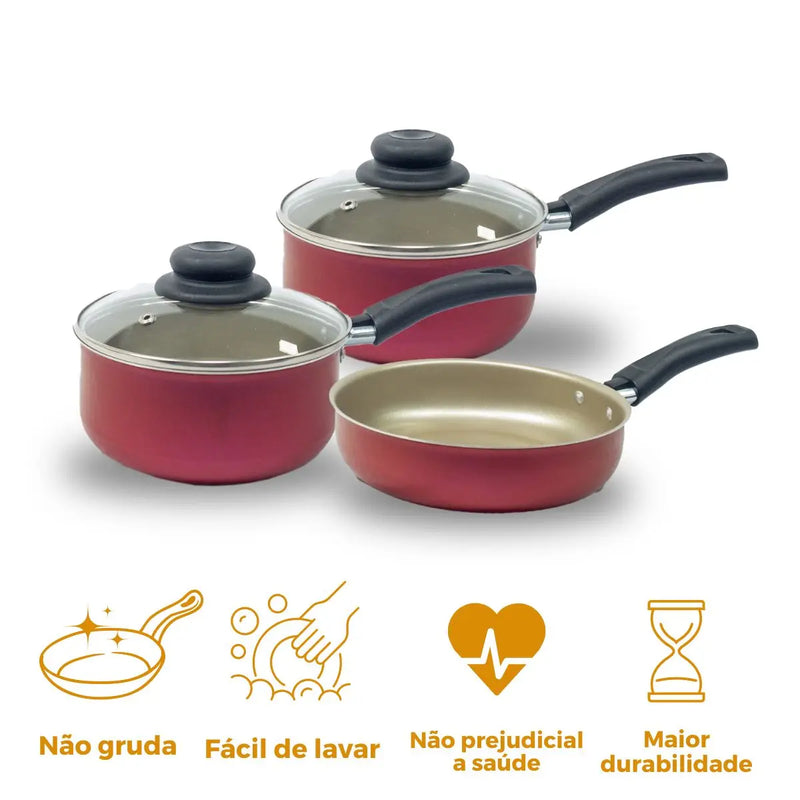 Kit Panelas com Frigideira Premium Antiaderente Colorido 3 Pçs