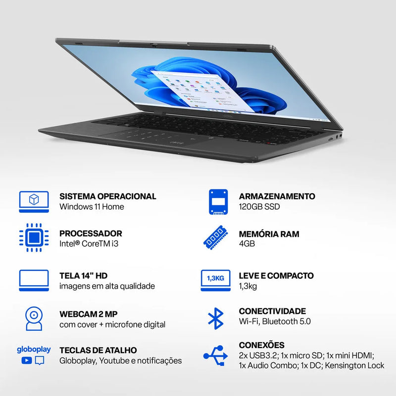 Notebook Ultra Windows 11 Home Tela 14 Pol HD Intel Core i3 4GB RAM 120GB SSD Cinza Escovado - UB480