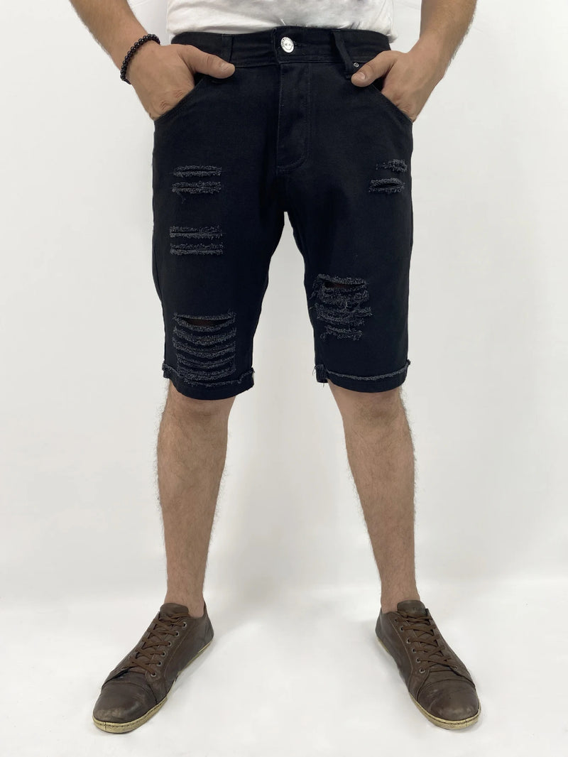 Bermuda Masculina Jeans Preto com Detalhe de Rasgo e Barra Virada