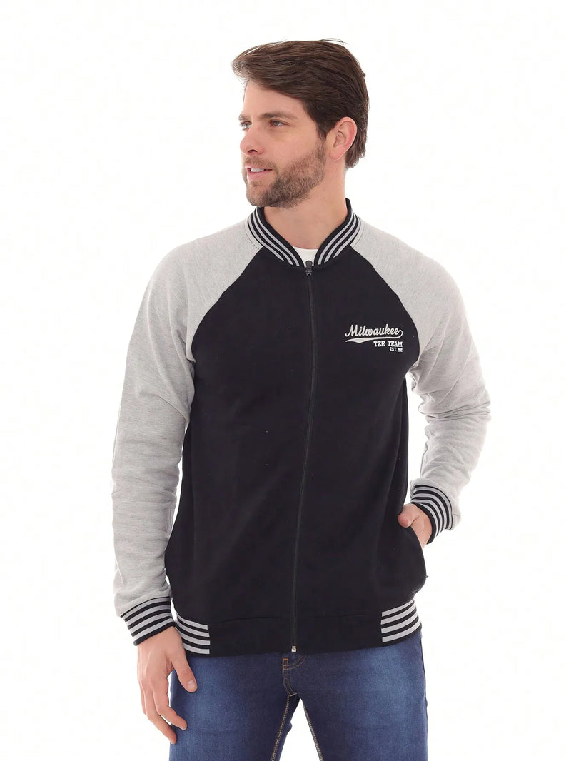 Jaqueta Masculina College Preto Moletom Estampa Sortida