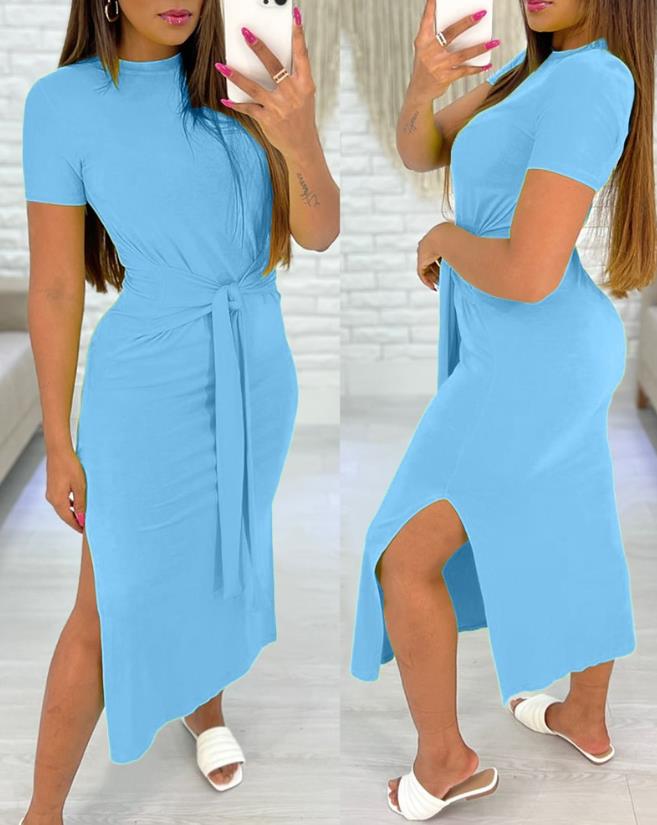 Vestido Casual de Meio da Panturrilha com Fenda Lateral para Mulheres