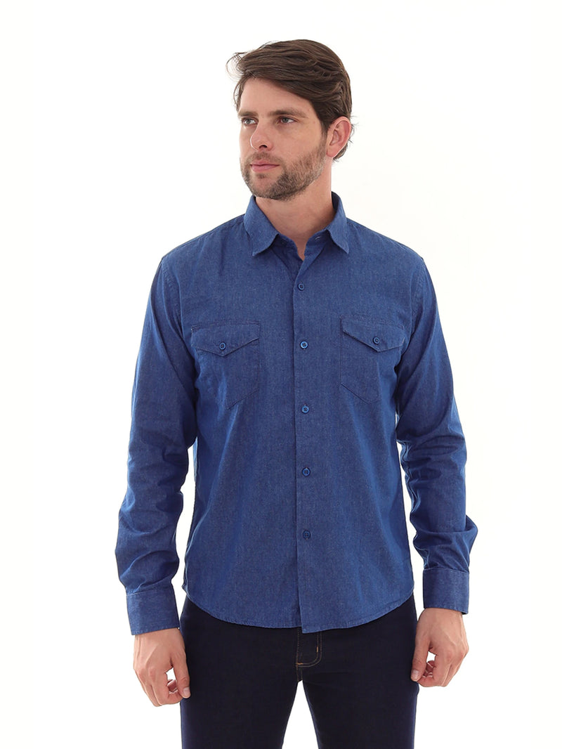 Camisa Masculina Jeans Azul com Manga Longa e Bolsos